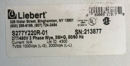 LIBERT S277Y220R-01 SURGE SUPRESSOR 277/480V 3PHASE WYE 3W+G 50/60HZ