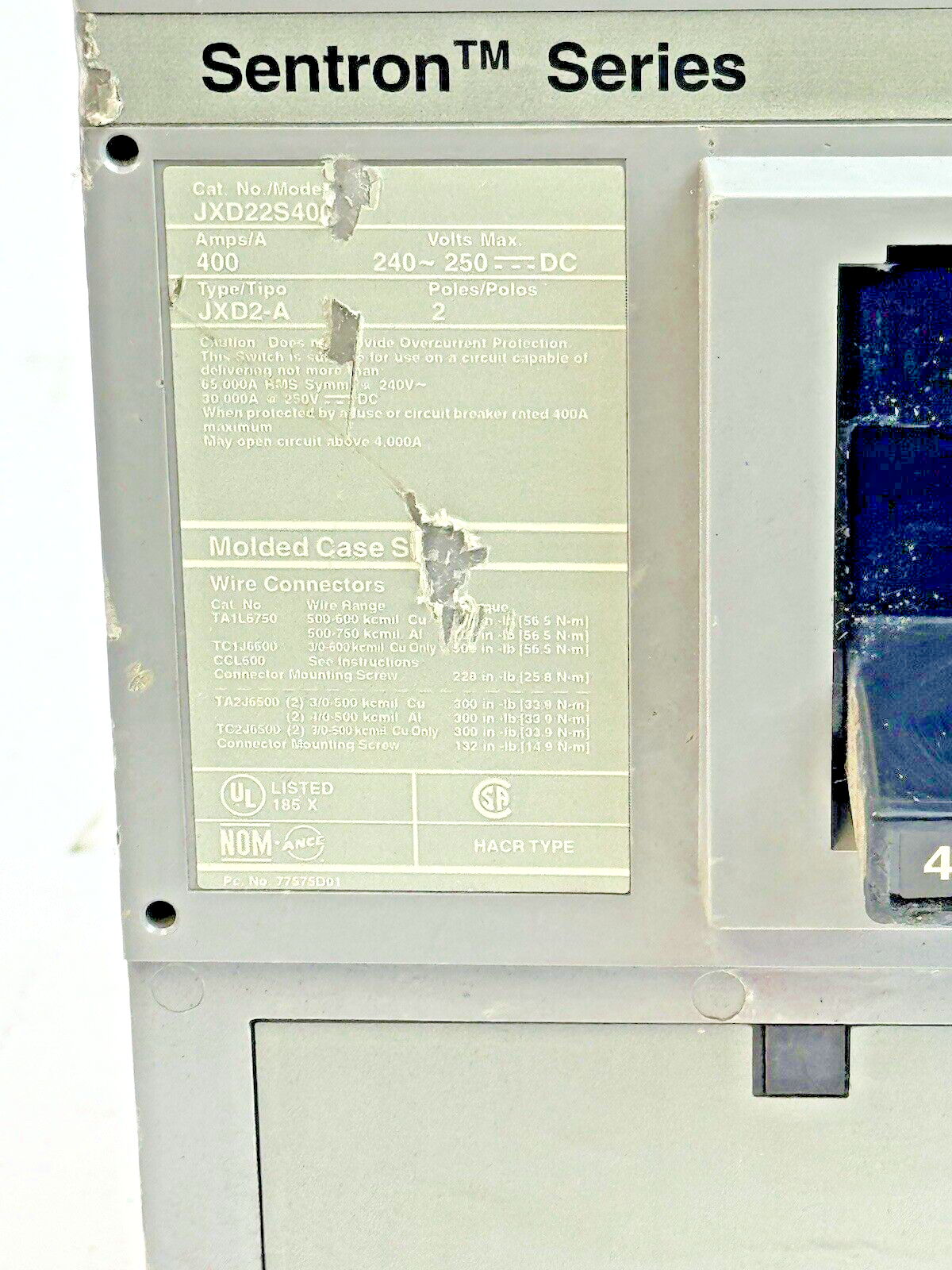 SIEMENS - JXD22S400A - SENTRON MOLDED CASE SWITCH - 2 POLE/400A/600VAC/JXD2-A