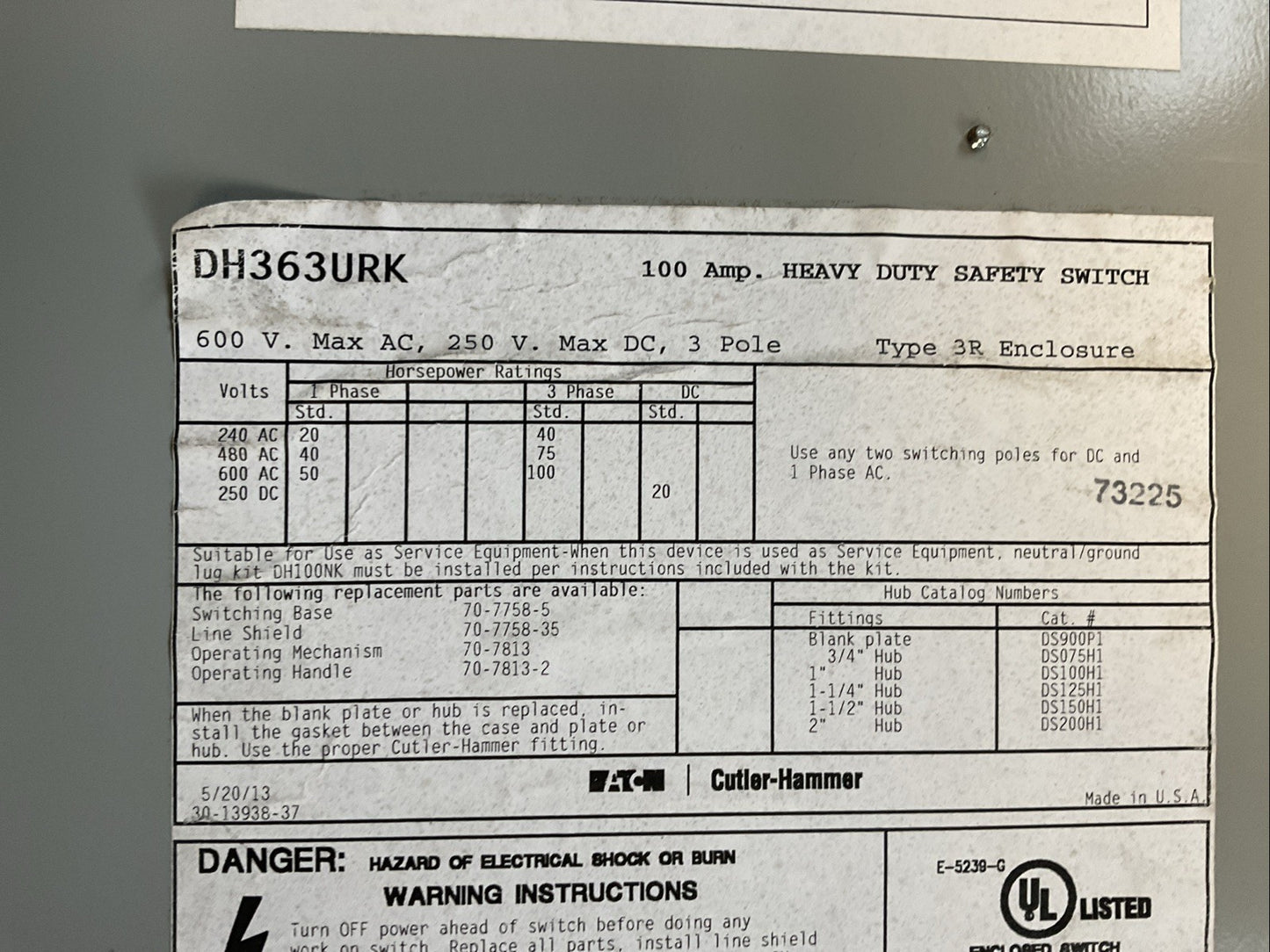EATON DH363URK 600VAC 100HP 100A 250VDC 20HP NON-FUSIBLE SAFETY SWITCH TYPE 3R