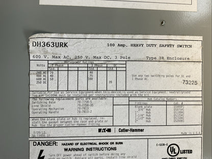 EATON DH363URK 600VAC 100HP 100A 250VDC 20HP NON-FUSIBLE SAFETY SWITCH TYPE 3R