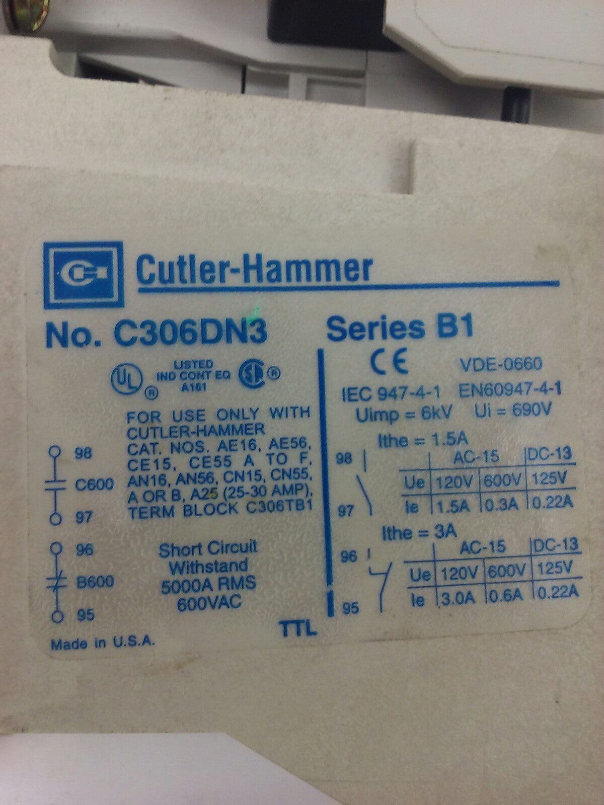CUTLER HAMMER AN16AN0, STARTER, SIZE 00, 9A, 600V, 3PH, 2H.P., W/ C306DN3, NEW
