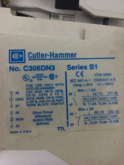 CUTLER HAMMER AN16AN0, STARTER, SIZE 00, 9A, 600V, 3PH, 2H.P., W/ C306DN3, NEW