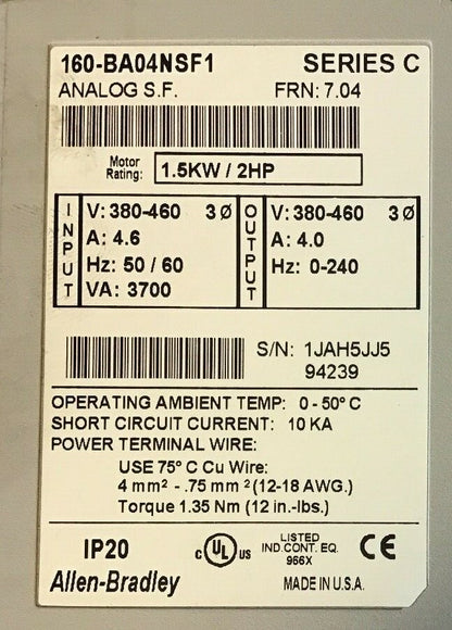 ALLEN BRADLEY 160-BA04NSF1 FREQUENCY DRIVE  SER.C ANALOG S.F. 1.5KW 2HP 380-460V