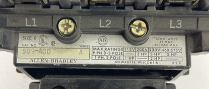 ALLEN BRADLEY509-AOD STARTER SER.A  600VAC 5HP CB236 120V COIL NO HEATERS