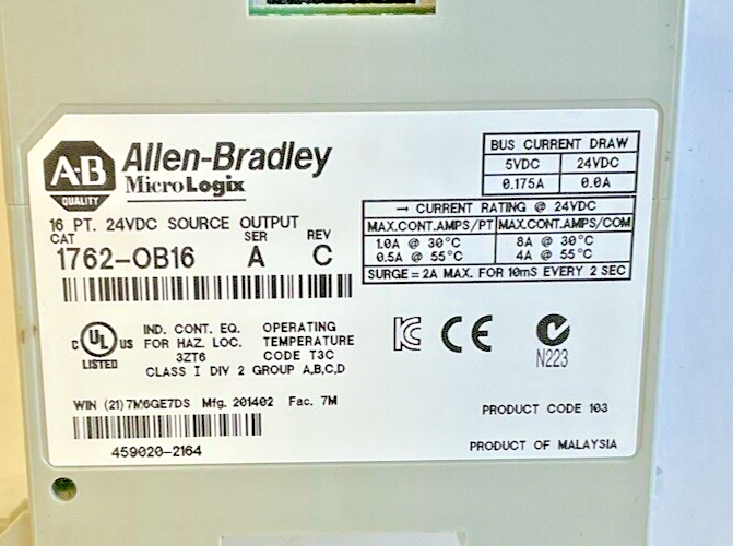 ALLEN BRADLEY 1762-OB16 SINK/SOURCE OUTPUT SER.A REV.C 24VDC NO DOOR/COVER