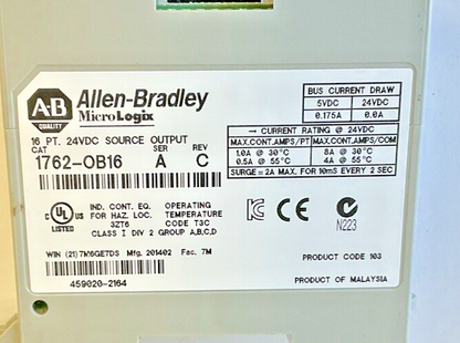 ALLEN BRADLEY 1762-OB16 SINK/SOURCE OUTPUT SER.A REV.C 24VDC NO DOOR/COVER