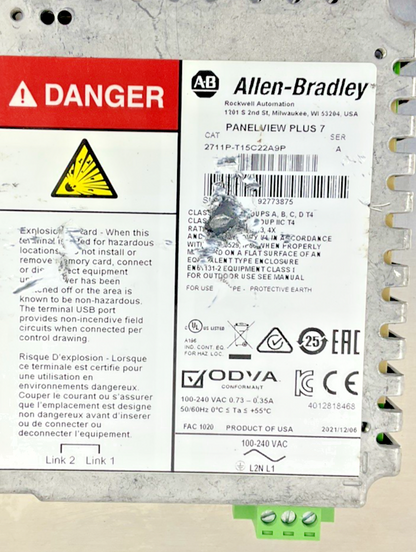 ALLEN BRADLEY 2711P-T15C22A9P SER. A PANELVIEW PLUS 7 COLOR TOUCH 240VAC 15"