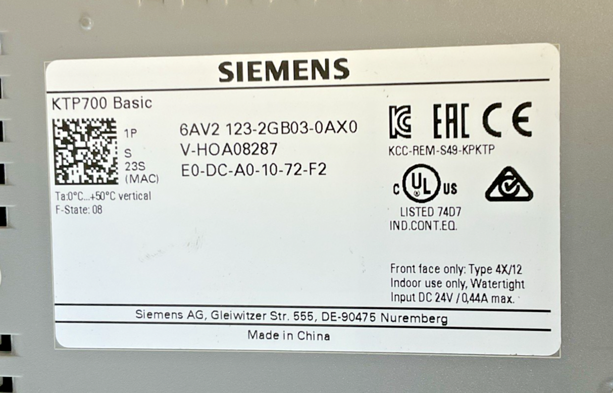 SIEMENS 6AV2 123-2GB03-0AX0 HMI KTP700 BASIC 24VDC SIMATIC TOUCH PANEL