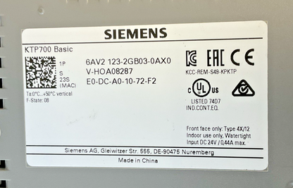 SIEMENS 6AV2 123-2GB03-0AX0 HMI KTP700 BASIC 24VDC SIMATIC TOUCH PANEL