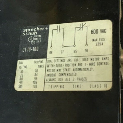 SPRECHER+SCHUH CT 1U-100 THERMAL RELAY 600VAC 225A CLASS 10