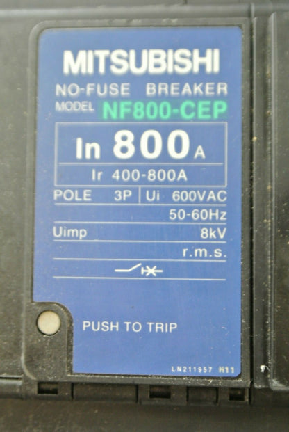 MITSUBISHI NF800-CEF NO-FUSE CIRCUIT BREAKER / 600VAC / 400-800A / 3 POLE /