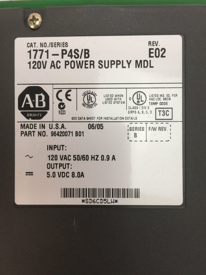 ALLEN BRADLEY 1771-P4S/B 120VAC POWER SUPPLY MODULE REV E02 OUTPUT 5.0 VDC 8.0 A