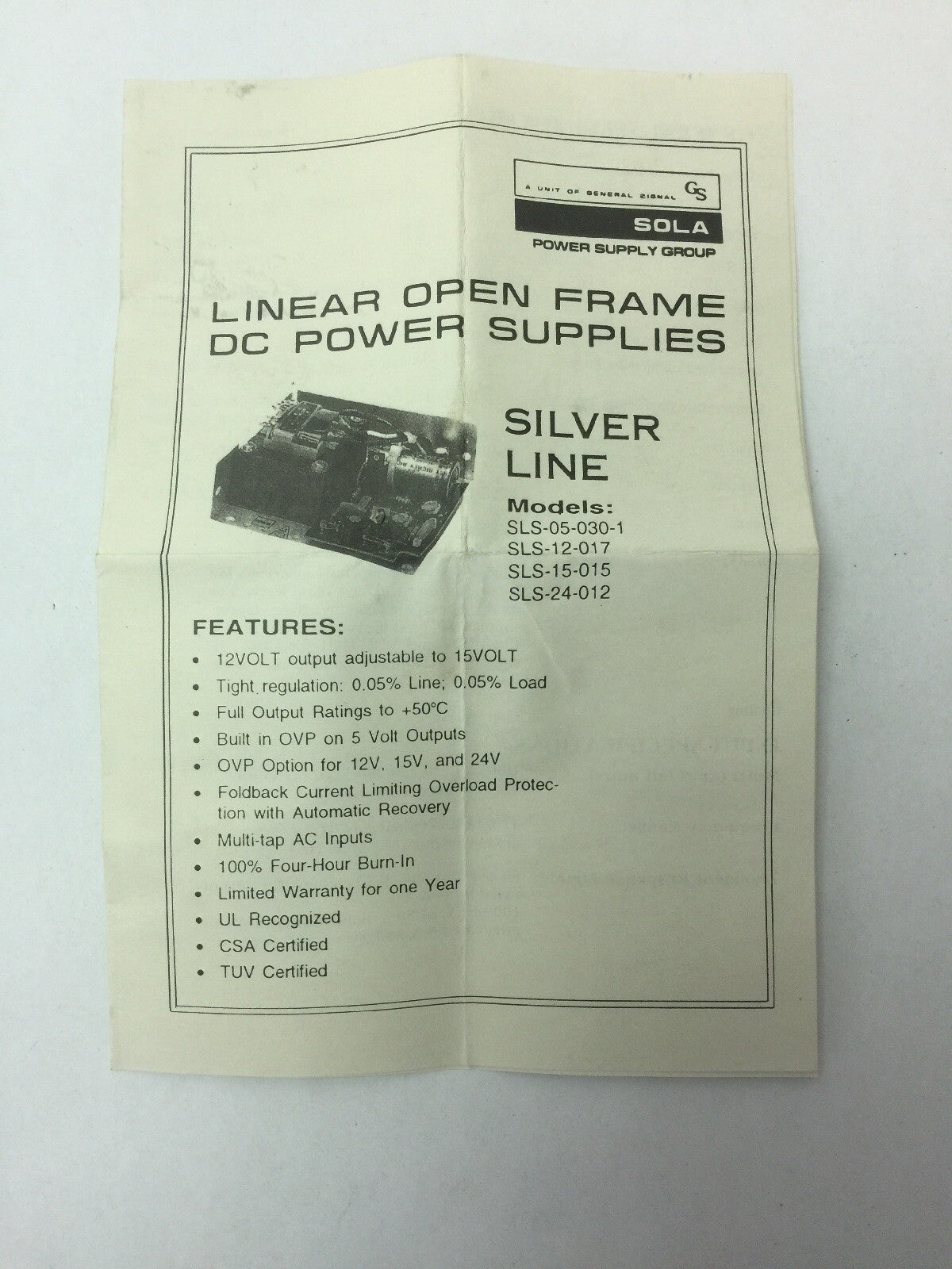 SOLA SLS-05-030-1 LINEAR OPEN FRAM DC POWER SUPPLY INPUT 100/120VAC 220/230/240