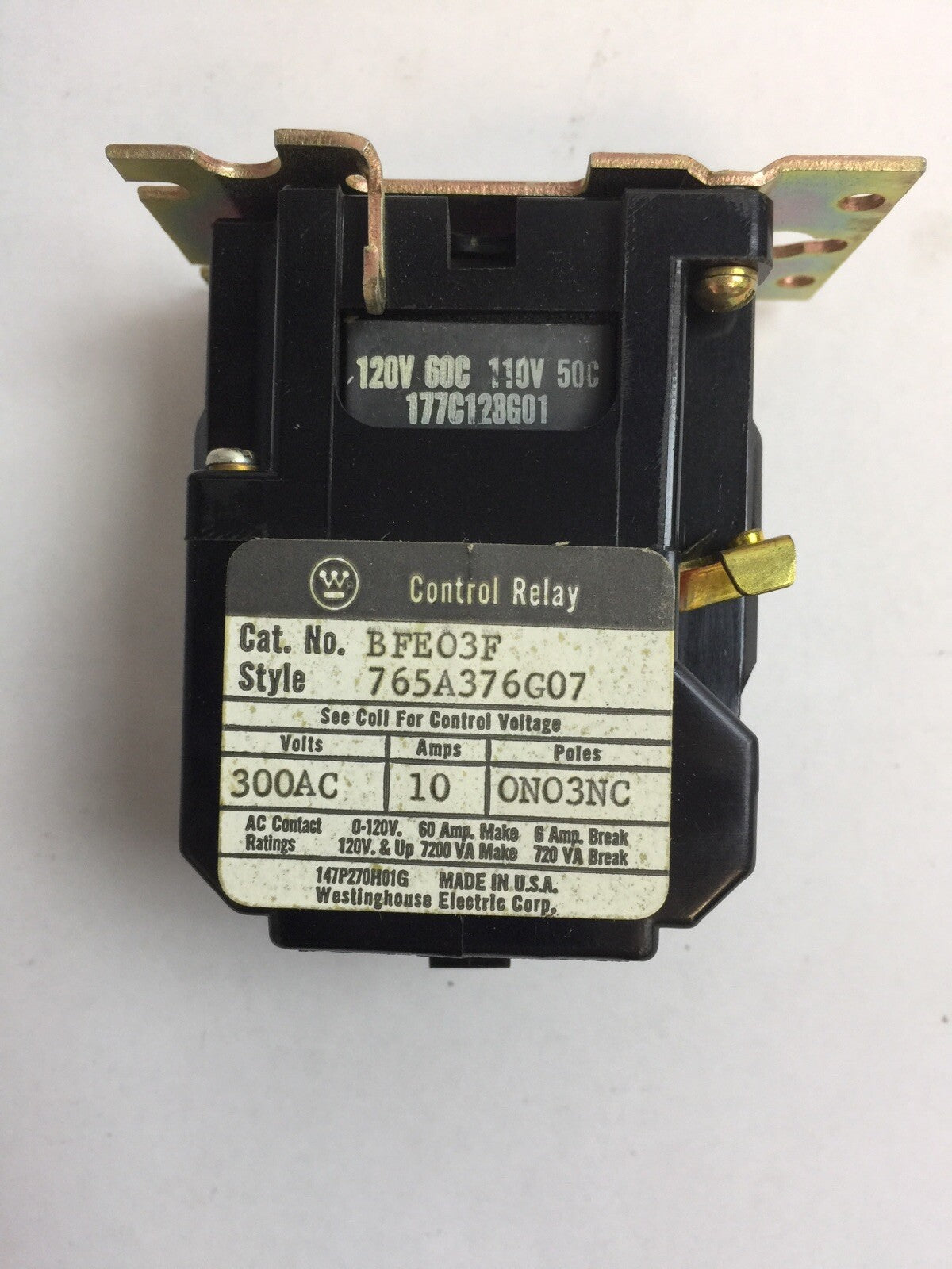 WESTINGHOUSE BFE03F CONTROL RELAY 300VAC 10A 765A376G07 COIL 120V 60C 177C128G01