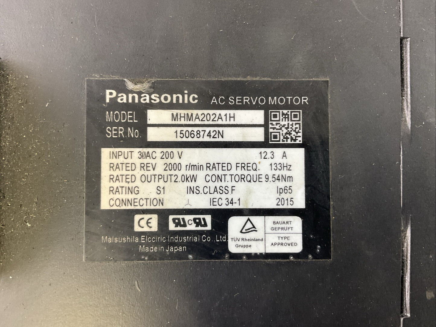 PANASONIC MHMA202A1H AC SERVO MOTOR REV 2000 R/MIN INPUT 200VAC OUTPUT 2.0 kW
