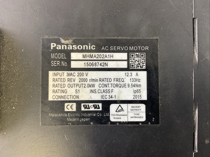 PANASONIC MHMA202A1H AC SERVO MOTOR REV 2000 R/MIN INPUT 200VAC OUTPUT 2.0 kW