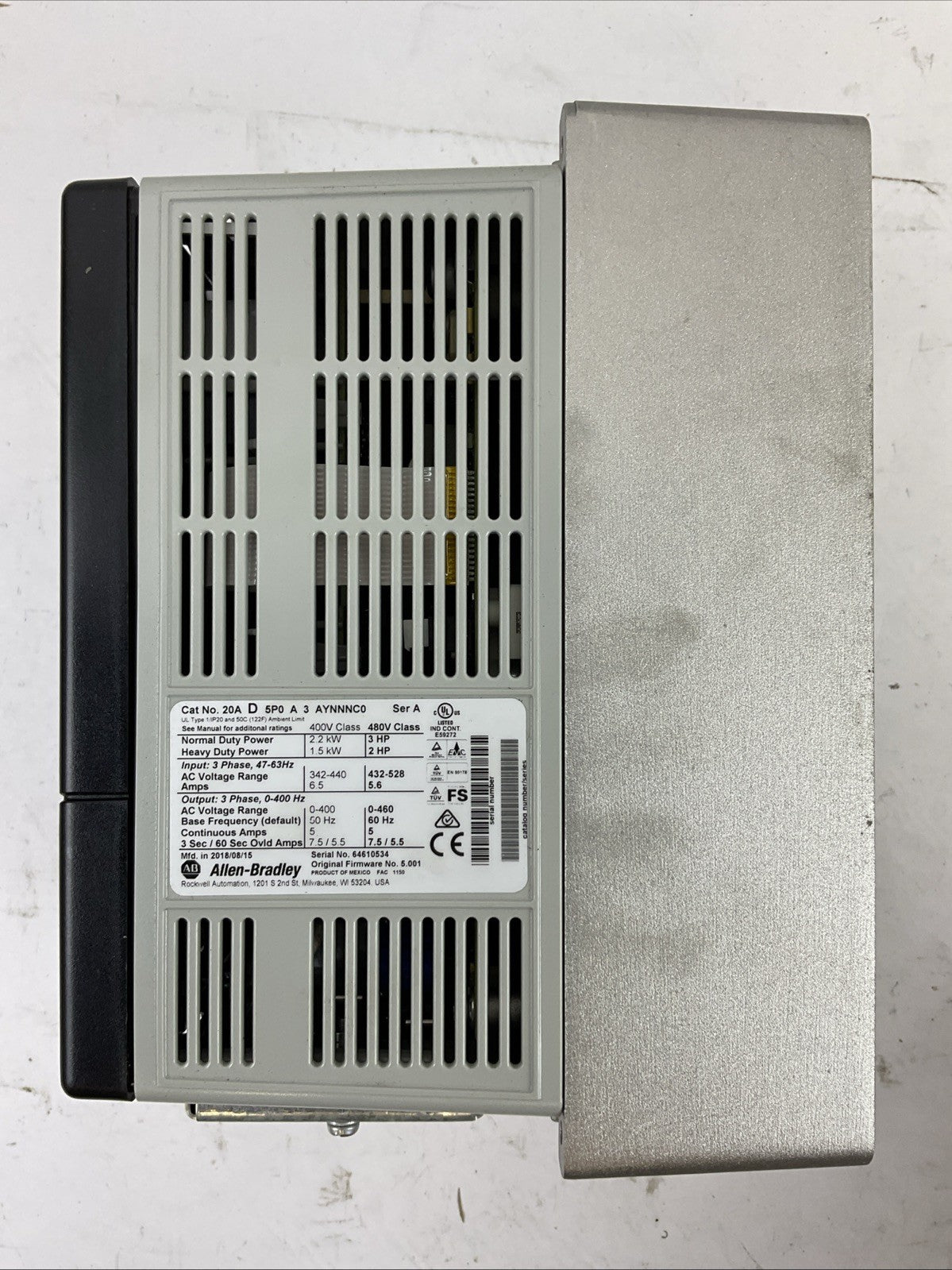 ALLEN BRADLEY 20AD5P0A3AYNNNC0 AC DRIVE POWER FLEX 70 SER A FW 5.001