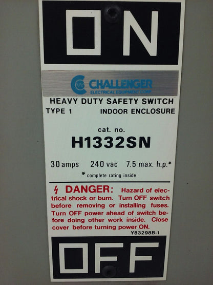 CHALLENGER H1332SN SAFETY SWITCH, TYPE 1 INDOOR, 30A, 240V, FUSIBLE, NEW