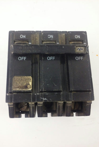 GENERAL ELECTRIC THQL32070 CIRCUIT BREAKER 70A, 240V, 3P, USED MISSING ONE LUG