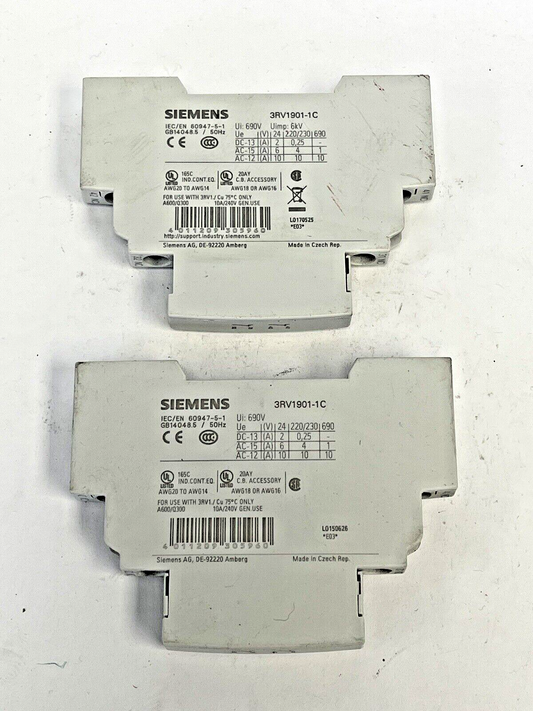 SIEMENS *LOT OF 2*- 3RV1901-1C - AUXILIARY SWITCH - CIRCUIT BREAKER ACCESSORY