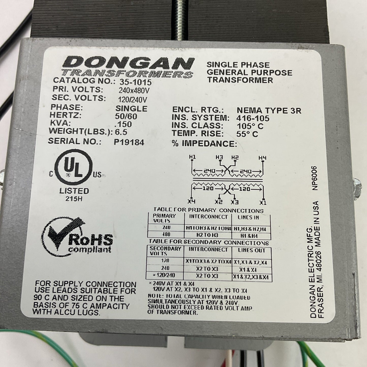 DONGAN 35-1015 SINGLE PHASE TRANSFORMER 0.150KVA PRI 240X480V SEC 120/240V