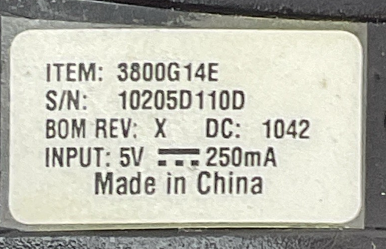 HONEYWELL 3800G14E BAR CODE SCANNER 5VDC 250mA CBL-500-300-S00 HSM 5V USB TYPE A