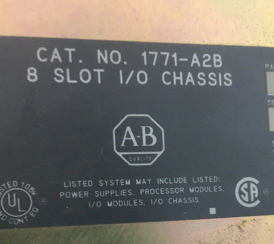 ALLEN BRADLEY 1771-A2B 8 SLOT I/O CHASSIS 5V PLANE 16A @ 5.25VDC MEMORY LINE .5A