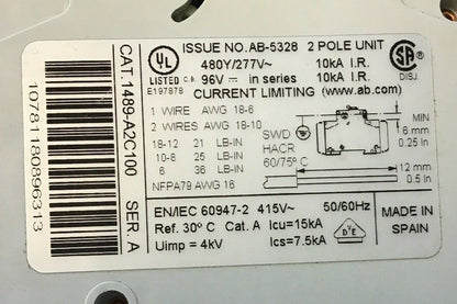 ALLEN BRADLEY 1489-A2C100  SER A 2 POLE 10A CIRCUIT BREAKER 277VAC/96VDC