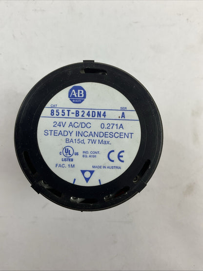 ALLEN BRADLEY 855T-B24DN4 SER A 24V 0.271A STEADY INCAND. STACK LIGHT* NO BULB*