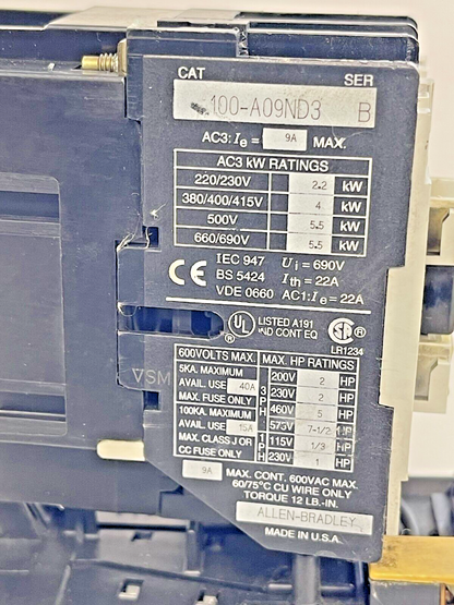 ALLEN BRADLEY - 100-A09ND3 SER. B CONTACTOR & 193-BSB 16 SER. B RELAY