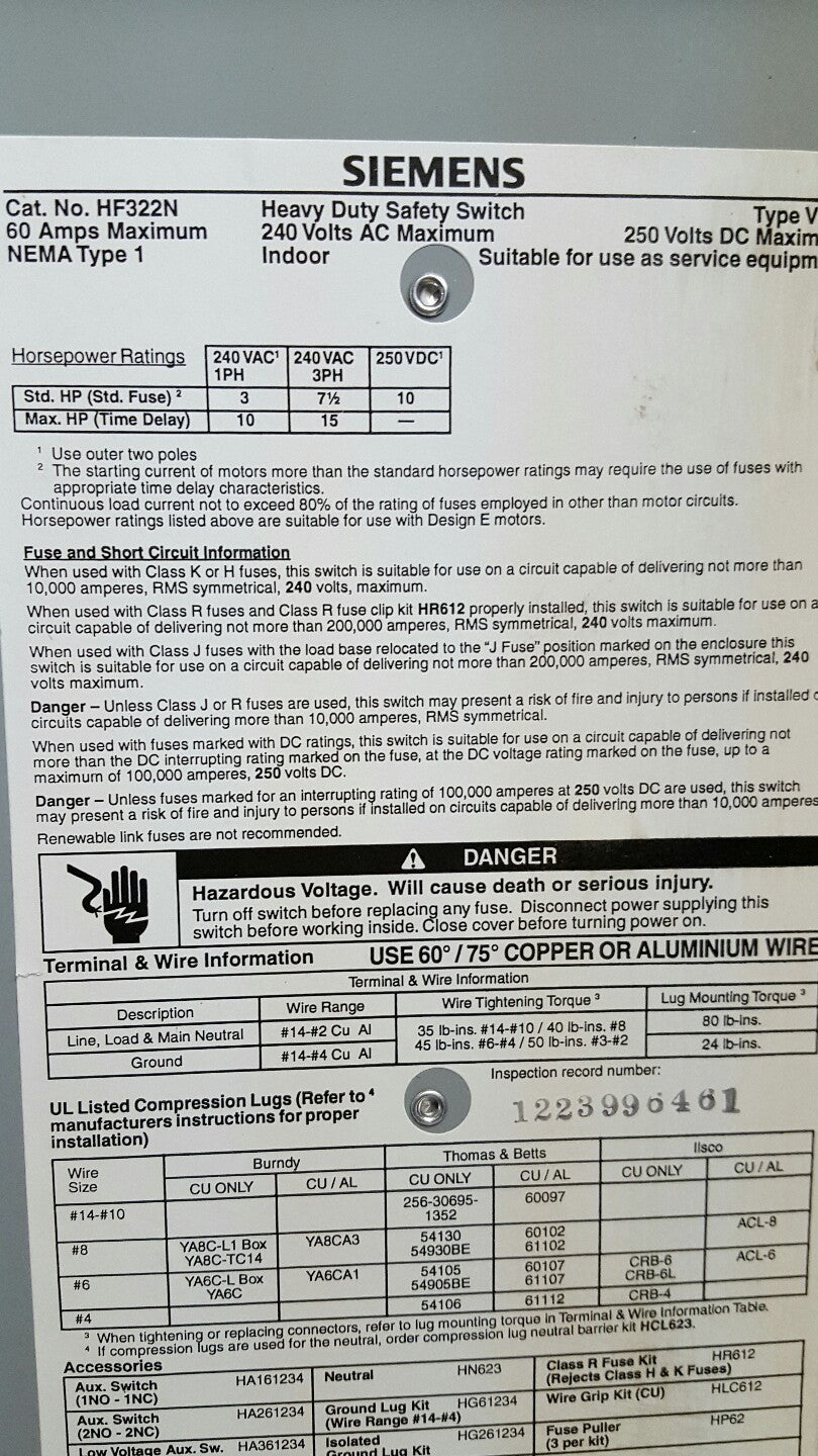 SIEMENS HF322N HEAVY DUTY SAFETY DISCONNECT SWITCH, 60 Amp
