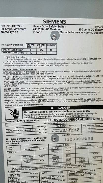 SIEMENS HF322N HEAVY DUTY SAFETY DISCONNECT SWITCH, 60 Amp