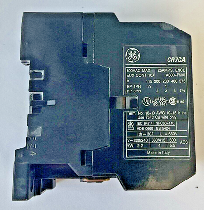 GENERAL ELECTRIC CR7CA CONTACTOR 600VAC 25AMPS 5HP