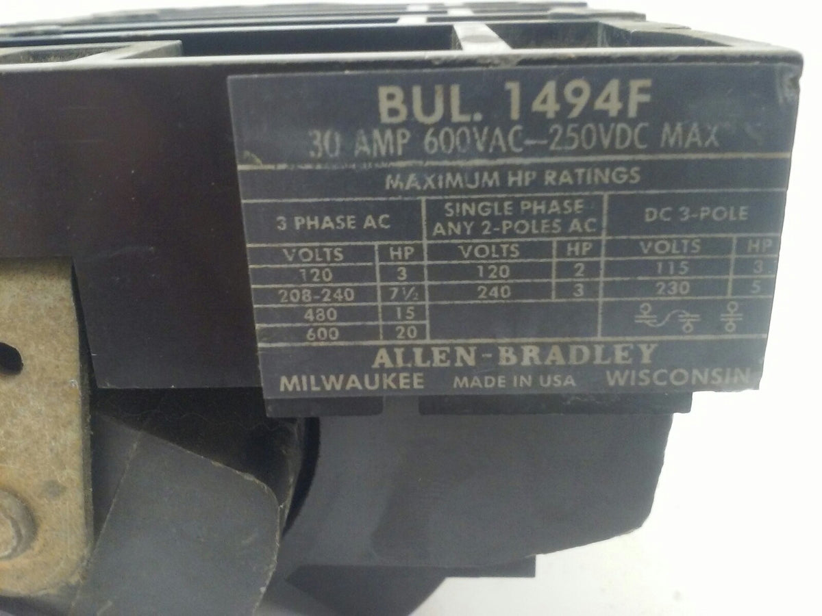 ALLEN BRADLEY BUL. 1494F FUSIBLE SWITCH BLOCK, 3PH, 3P, 30A, 600VAC/250VDC, 20HP
