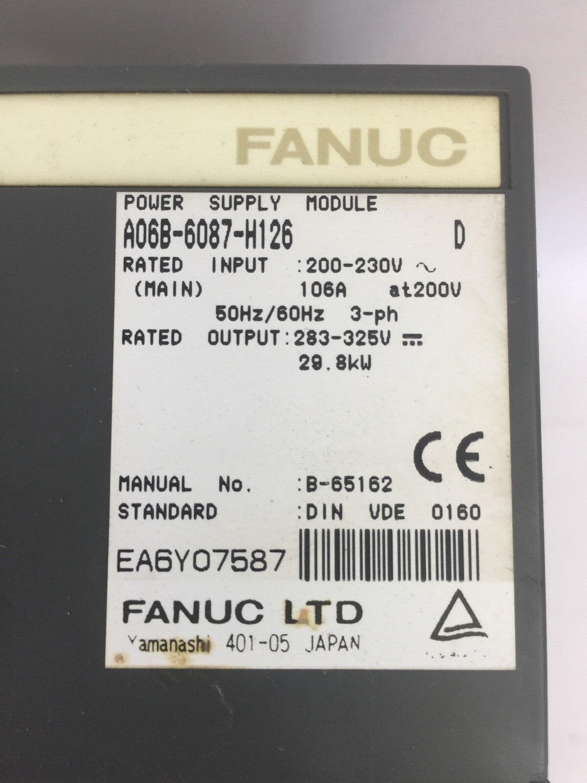 FANUC A06B-6087-H126 POWER SUPPLY INPUT 200-230VAC 106A OUTPUT 283-325VDC 29.8kW