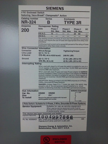 SIEMENS NR243, SER. B, GENERAL DUTY ENCLOSED SWITCH,2P, 200A, 240V, TYPE 3R, NEW
