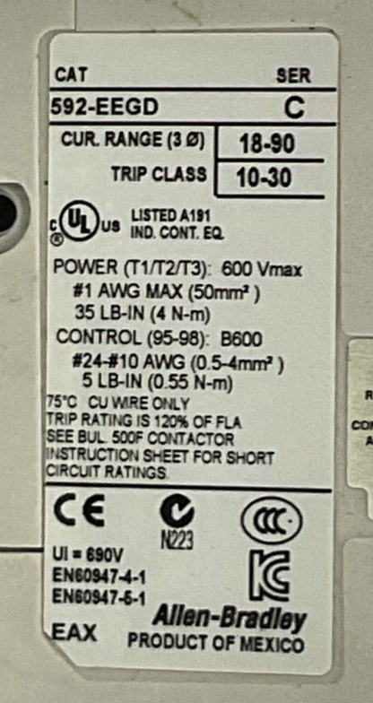 ALLEN BRADLEY 500F-DO*930 SIZE 3 STARTER 90A 600VAC 3PH 50HP CD236 COIL 115-120V