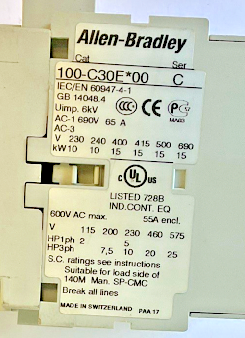 ALLEN BRADLEY 100-C30E*00 CONTACTOR SER.C 600VAC 55A