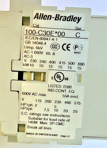 ALLEN BRADLEY 100-C30E*00 CONTACTOR SER.C 600VAC 55A