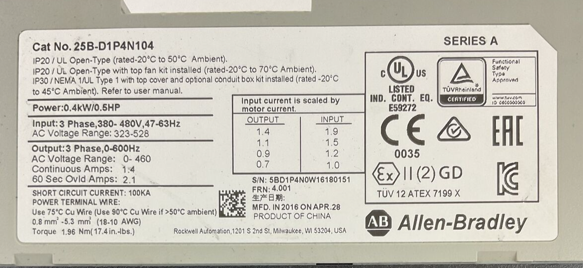 ALLEN BRADLEY 25B-D1P4N104 AC DRIVE FRN 4.001 SER A OUTPUT 0-460VAC