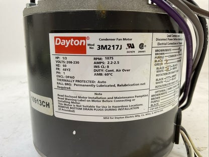 DAYTON 3M217J CONDENSER FAN MOTOR 1/3HP 1075RPM 208-230V 60HZ 2.2-2.5A 1PH