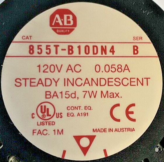 ALLEN BRADLEY 855T-B10N4 STEADY INCANDESCENT STACK LIGHT SER.B