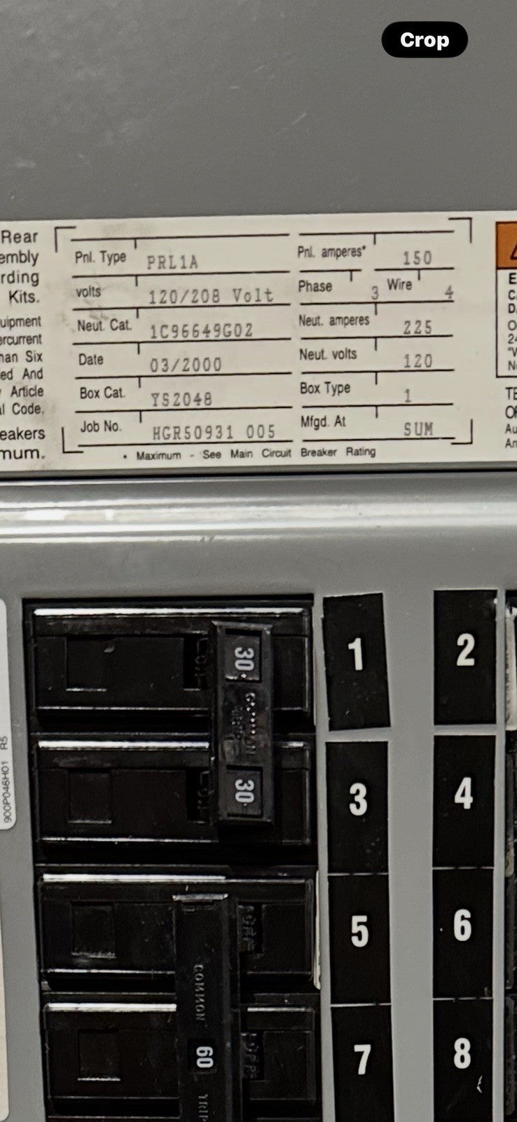Cutler Hammer PRL1A Panelboard 150AMP 120/208V 3PH 4W 30 Space 100AMP Main