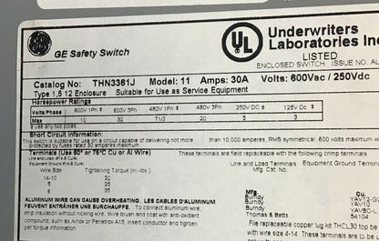GENERAL ELECTRIC THN3361J SAFTEY SWITCH NON FUSIBLE 30A MODEL 11 600VAC/250VDC