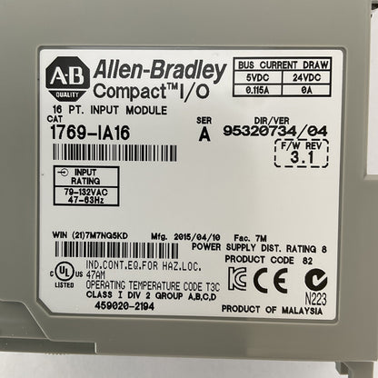ALLEN BRADLEY 1769-IA16 DIR/VER 95320734/04 F/W REV 3.1 SER A 16PT INPUT MODULE