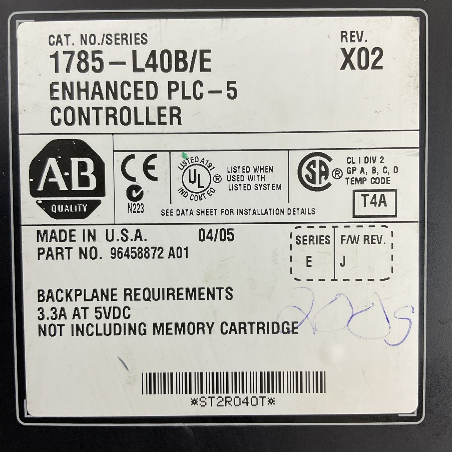 ALLEN BRADLEY 1785-L40B/E REV X02 F/W REV J ENHANCED PLC-5CONTROLLER SERIES E