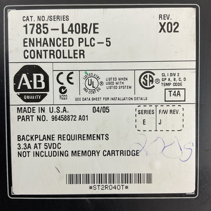 ALLEN BRADLEY 1785-L40B/E REV X02 F/W REV J ENHANCED PLC-5CONTROLLER SERIES E