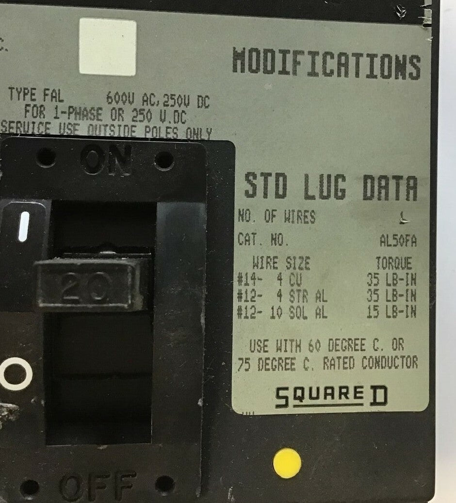 SQUARE D FHP36020 CIRCUIT BREAKER 20A 600V
