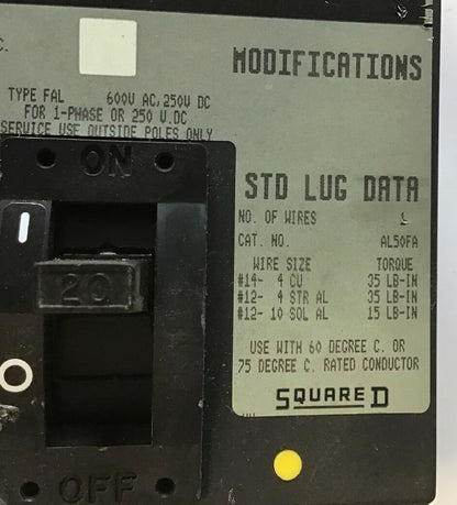 SQUARE D FHP36020 CIRCUIT BREAKER 20A 600V