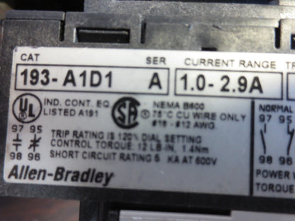 ALLEN BRADLEY 100-A12ND3 + 193-A1D1 + 195-FA20 Ser. A - CONTACTOR + O'LOAD RELAY